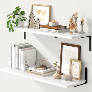 Fun Memories Deep Floating Shelves, 32W x 8D Floating Shelves Set of 2, Wall Mounted Shelf with Metal Brackets, Rustic Wood Wall Shelf for Bathroom, Kitchen and Living Room, White, 31.5"w x 8"d