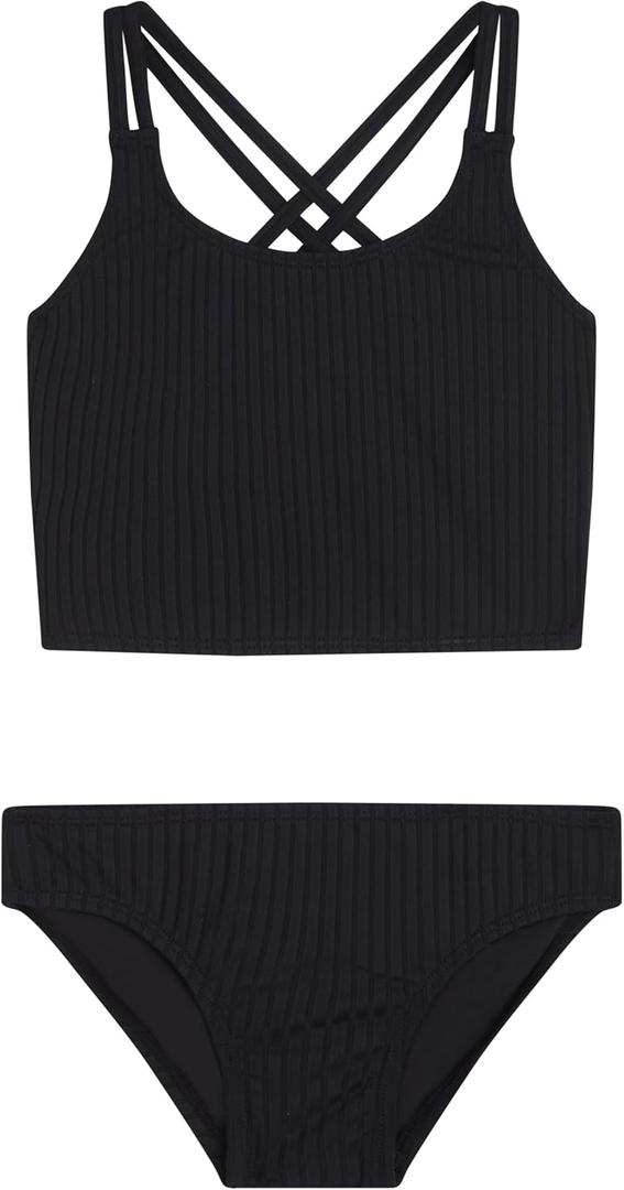 Kanu Surf Girls' Waverly UPF 50 Beach Sport Criss-Cross Tankini 2-Piece Swimsuit (16, Drop Needle Solid Black)