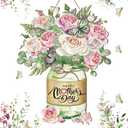 Spiareal Happy Mother's Day Wood Sign Mother's Day Welcome Door Sign Jar Carnation Flower for Front Door Window Decor Flower Wreath Hanging Plaque for Mother's Day