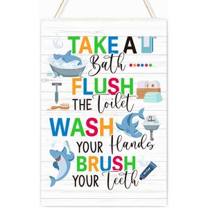 2 x Funny Shark Theme Kids Bathroom Wood Plaques Wall Decor, Take Flush Wash Brush Blue Shark Bathroom Wooden Hanging Sign for Toilet Washroom Front Door Wall Decor 12'' L x 8'' W