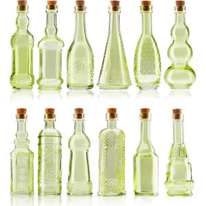 Small Mini Green Vintage Glass Bottles with Corks, Mini Vases, Decorative, Potion, Assorted Design Set of 12 pcs, 4.6 Inch Tall (11.43cm), 1.4 Inch Wide (3.56cm)