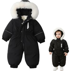 UVIPC Toddler Snowsuit 3T Kids Baby Boys Girls Snow Suits Winter Clothes Faux fur Hooded Jumpsuit Coat Outdoor (Black)