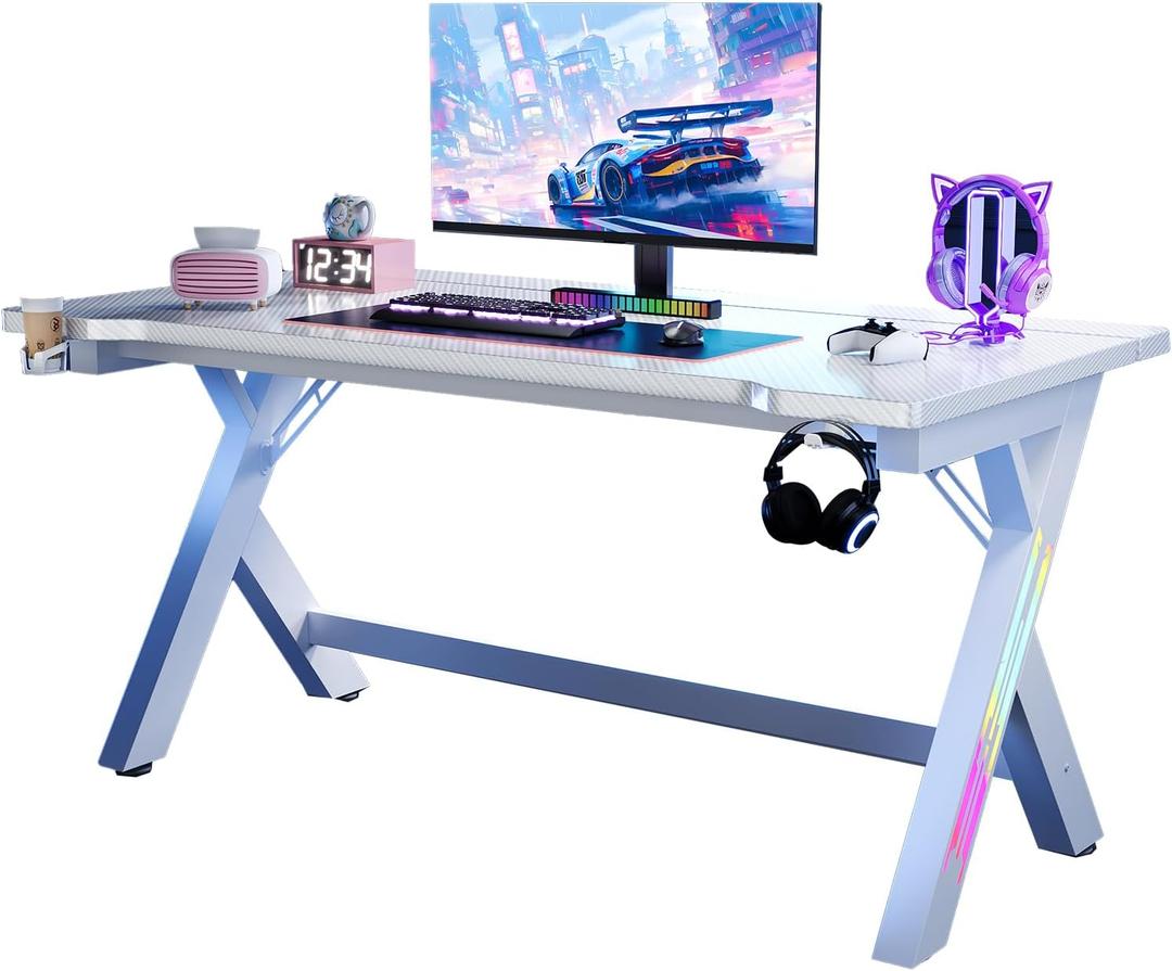 47 Inch Gaming Desk Computer Desk with LED Lights, Sturdy Small Desk for Bedroom, Home Office Desks Ergonomic PC Gaming Table Workstation with Cup Holder, Headphone Hook, Cable Box, Carbon Fiber White