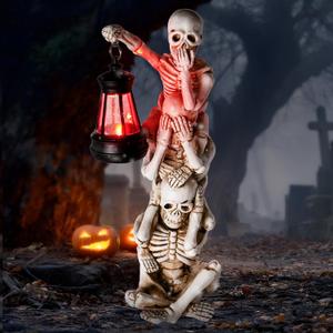 Halloween Skeleton Decor Triple Skeleton Halloween Decorations with Solar Red LED Lantern Outdoor Skeletons Figure for Yard Patio Lawn Garden (White)