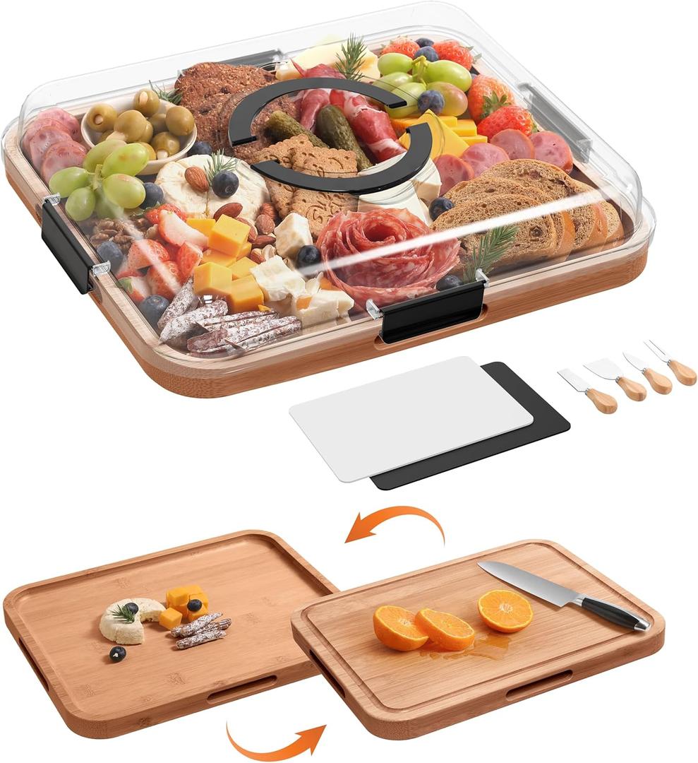 Charcuterie Board with Clear Lid, 2 Side Bamboo Cheese & Cutting Board for Entertaining, Includes 2 Plastic Cutting Mats & 4 Cheese Knives, Travel Snack Tray with lid, Charcuterie Boards Gift Set