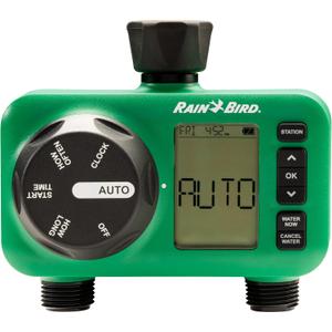 Rain Bird HET200 Electronic Digital Hose End Watering/Irrigation Timer, Battery Operated, 3/4" Garden Hose Thread, Heavy-Duty Brass Inlet, 2 Outlets/Ports
