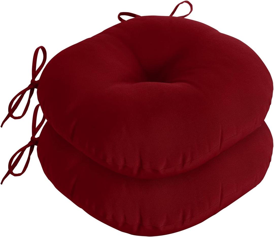 downluxe Bistro Chair Cushions for Patio Furniture, Water-Resistant Round Outdoor Chair Cushions Set of 2 with Non-Slip Ties, 15" x 15", Burgundy