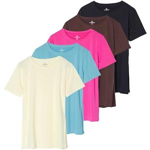 Real Essentials 5 Pack: Women's Short Sleeve Active Workout T-Shirts - Dry Fit Gym Tops  Large
