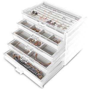 Frebeauty Extra Large Acrylic Jewelry Box for Women 5 Layers Clear Jewelry Organizer Velvet Earring Box with 5 Drawers Rings Display Case Necklaces Holder Tray for Women Girls (White)