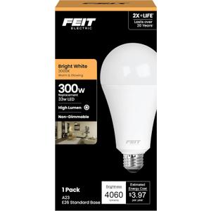 Feit Electric A23 LED Light Bulb, 300W Equivalent, Non-Dimmable, 4060 Lumens, E26 Standard Base, 3000k Bright White, High Output LED Bulb, Damp Rated, 22 Year Lifetime, OM300/830/LED