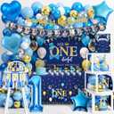 Baby Boy First Birthday Decorations, Mr Onederful 1st Birthday Decorations for Boy Party Supplies with Crown Backdrop Balloon Arch Kit Blue High Chair Banner Tablecloth Photo Banner