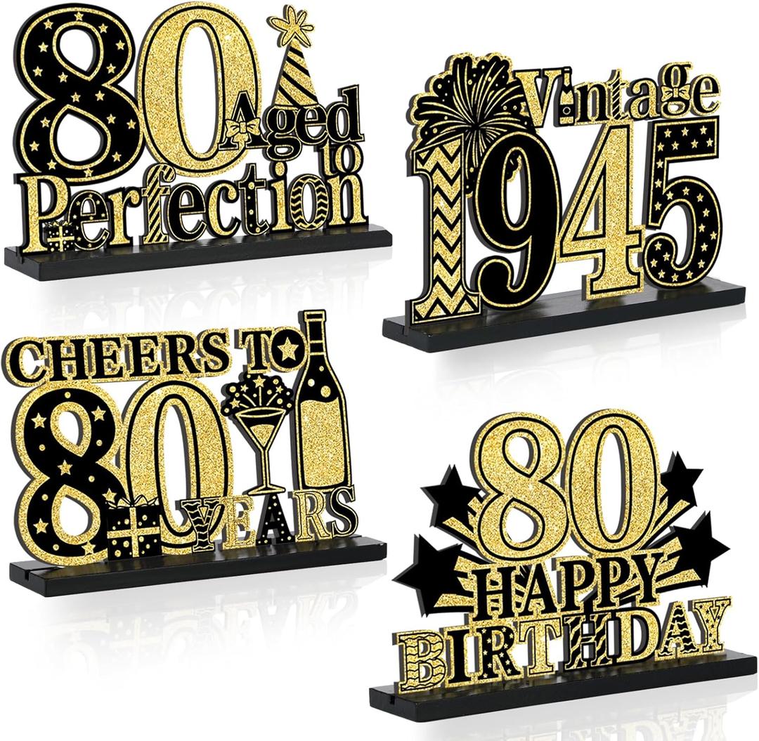 4 Pcs 80th Birthday Table Decorations Vintage 1945 Black Gold Birthday Party Centerpieces Aged to Perfection 80th Birthday Supplies Cheers to 80 Years Table Topper Wooden Decor for Men 80 Years Old