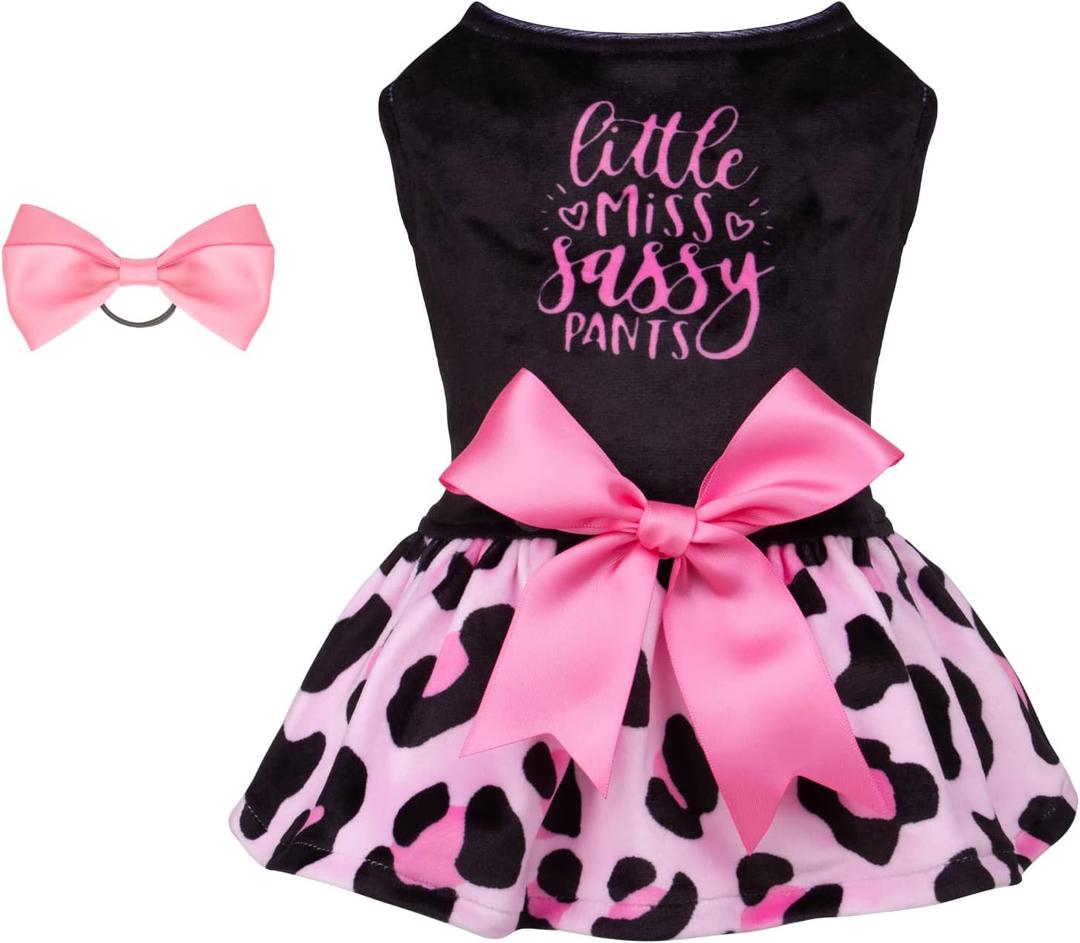 CuteBone Little Miss Sassy Pants Dog Leopard Print Dress Velvet for Small Dogs Girl Puppy Dresses Pink Dog Clothes CVA15M-D
