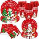 Christmas Paper Plates And Napkins, 144 Pcs Red Christmas Plates Set Snowman Xmas Tree Disposable Tableware for Winter Theme christmas Holiday Supplies, Serves 24