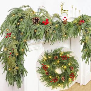 6 Ft by 10 Inch Prelit Christmas Garland with Lights Timer 8 Modes, Real Touch Norfolk Pine Garland 100 Pine Cypress Tips Pinecones Berried Cedar Garlands Thick Greenery Garlands for Home Table Mantle