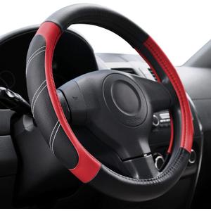 Elantrip Leather Steering Wheel Cover 15 1/2 to 16 inch Universal Large Grip Breathable for Car Truck SUV Jeep Anti Slip Black and Red