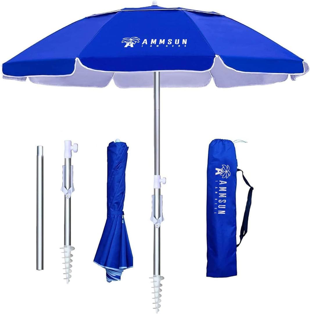 AMMSUN 6.5ft twice folded Portable beach umbrella with sand anchor windproof, Push Button Tilt and Air vent UPF 50+ Protection Fits in a large Suitcase for Patio Garden Beach Pool Backyard Blue
