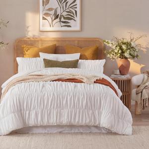 Bedbay Boho Comforter Set King Size,White Ruched Bedding Set,100% Cotton Durable Fluffy Comforter 3 Pcs,Vintage Ruffle White Bedding King Size Bed Set with 1 Comforter 2 Pillowcases