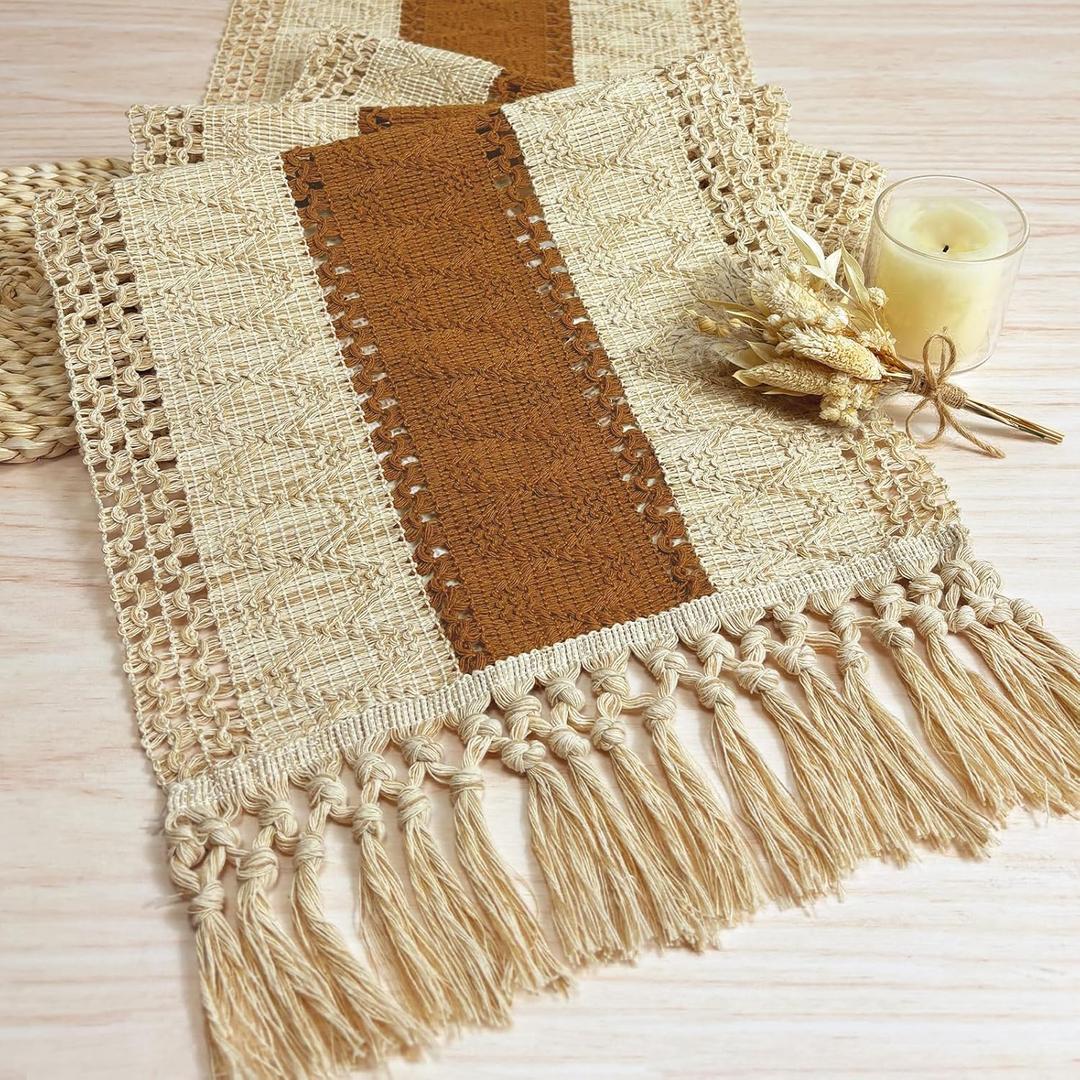 Fexia Boho Macrame Table Runner - 72 Inches Long, Brown, Farmhouse Style with Tassels for Parties, Weddings, Rustic Decor (Caramel)