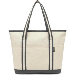 Large Canvas Tote Bag for Women, Beach Bag with Zipper, Utility Tote Bag with 3 Front Pockets, Weekender Pool Bag (Beige Yellow With Gray)
