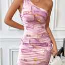 Verdusa Women's Floral Print One Shoulder Bodycon Dress Ruched Backless Mini Dress (XL)