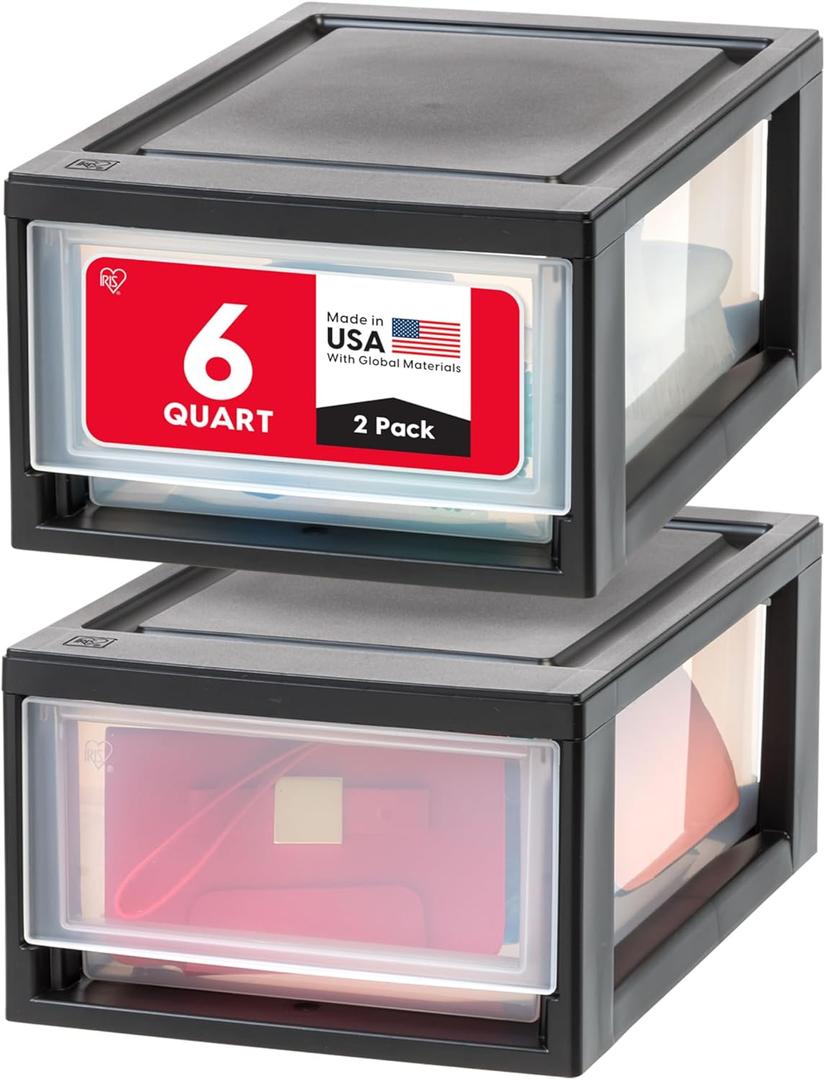 IRIS USA 6 Qt. Plastic Drawer Storage Organizer Stacking Drawers, 2-Pack, Stackable Unit with Sliding Drawer for Bedroom Kitchen Under Sink Pantry Craft Room Bathroom Dorm Office, Black