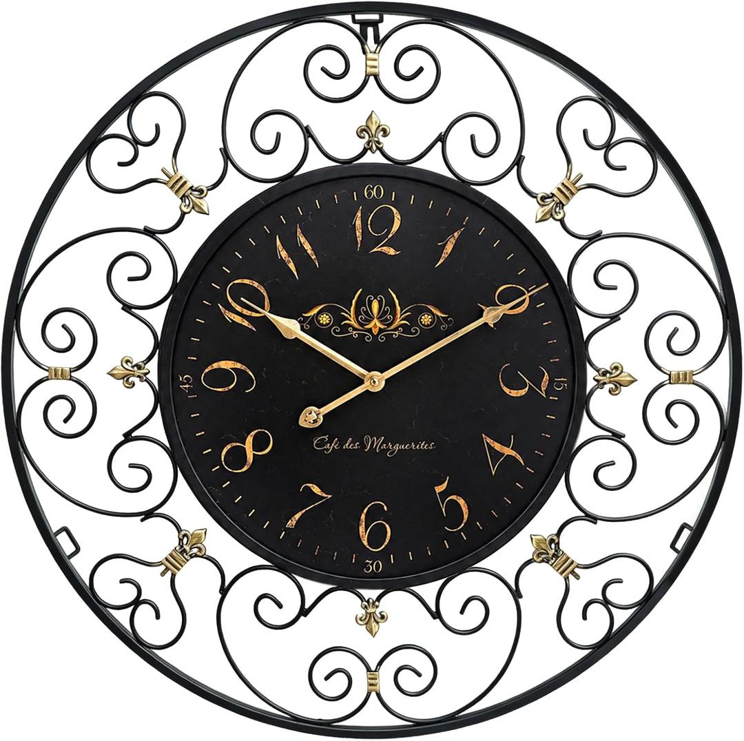 24 Inch Vintage Iron Metal Wall Clock, French Elegant Retro Decor, Large Farmhouse Wall Clock, Silent Battery Operated Wall Clocks for Living Room Kitchen Bedroom