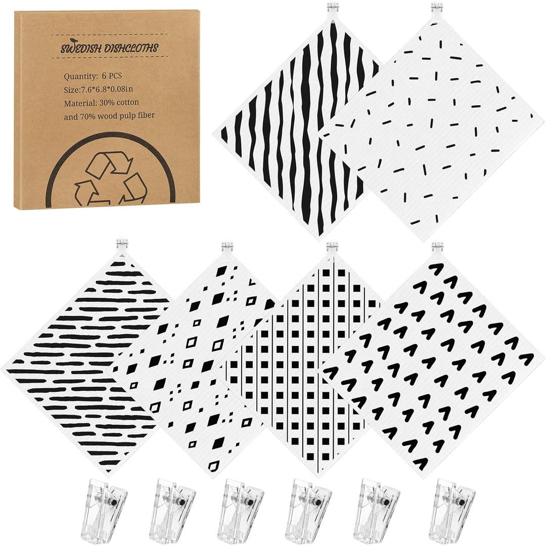 6 Pack Swedish Dishcloths for Kitchen,Swedish Rags Dish Towels with Clips, Reusable Paper Towels Washable Absorbent Cellulose Sponge Cloths No Odor for Cleaning Kitchen Valentines Gifts for Women (Black White Pattern)