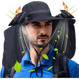Chuarry Wide Brim Sun Hat with 2 Solar Fans and Neck Flap Outdoor Solar Powered USB Charging Bucket Fishing Hat for Men Women