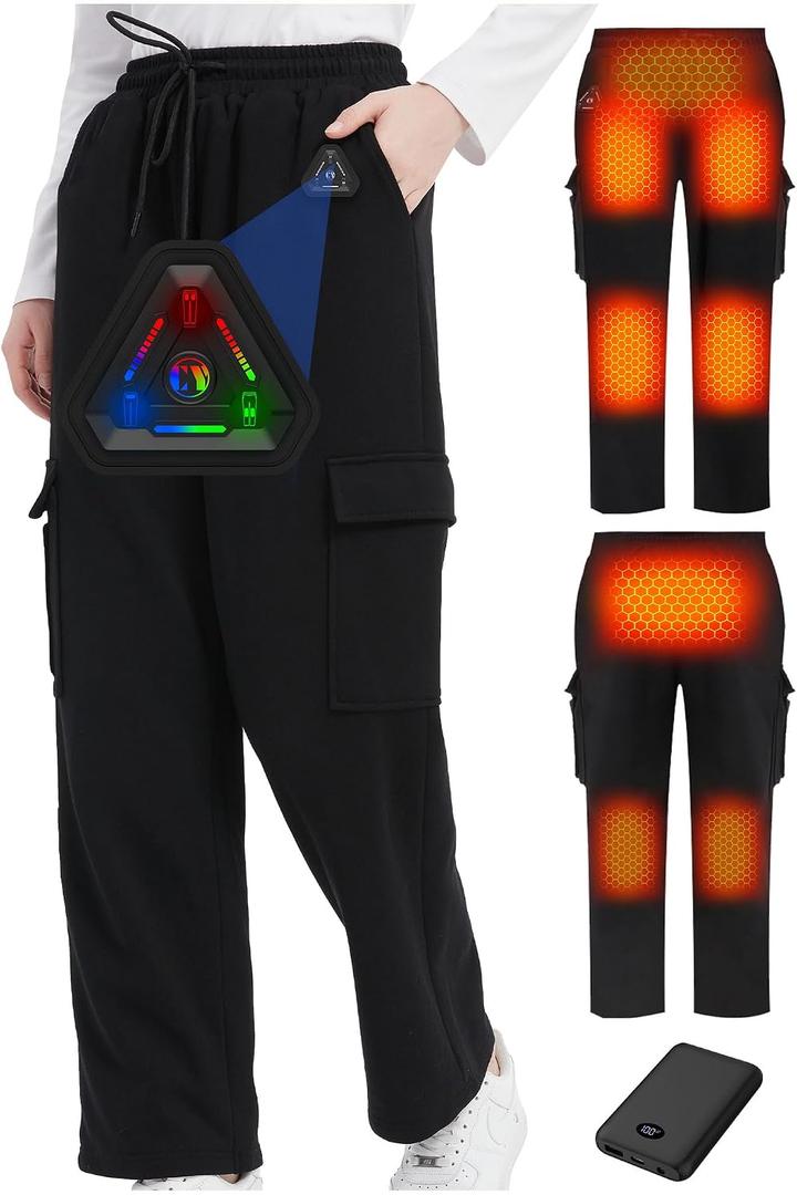 Women Heated Pants, Cargo Baggy Sweatpants for Womens, 2025 Upgraded 7.4V 10000mAh Battery Pack & Heating Element (US, Alpha, X-Large, Regular, Regular, Black)