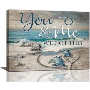 Yerretin Beach Sea Turtle Bathroom Wall Art Ocean Turtle Pictures Wall Decor Coastal Nautical Seascape Canvas Painting Love Artwork Home Decoration for Bedroom Office Framed 16"x12"