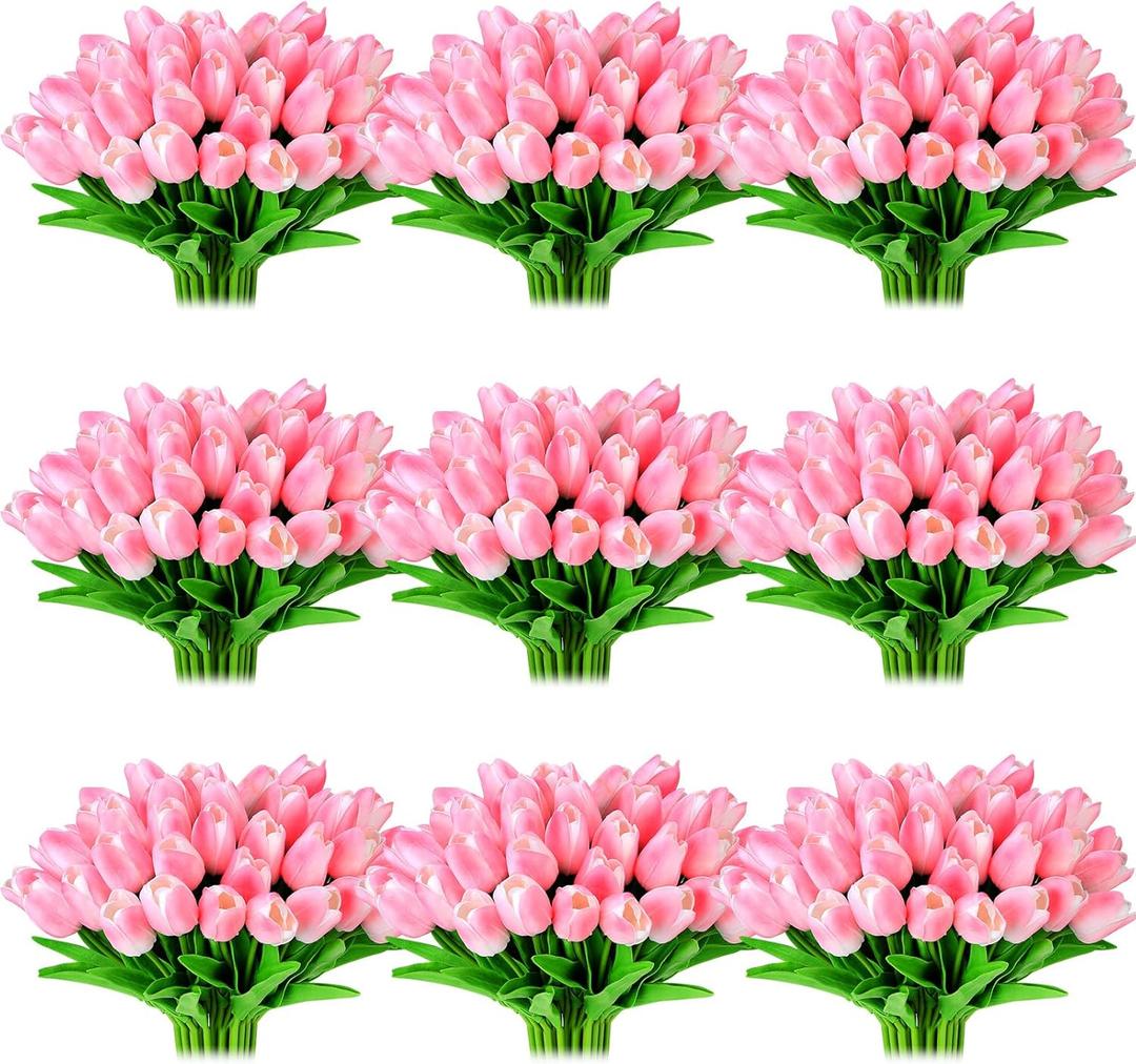 Jexine 100 Pcs Artificial Real Tulips Fake Artificial Tulip Flower Bulk Bouquet with Stem for Table Centerpieces Wedding Bridal Easter Mother's Day Garden Home Decor, 13.4''(Pink)