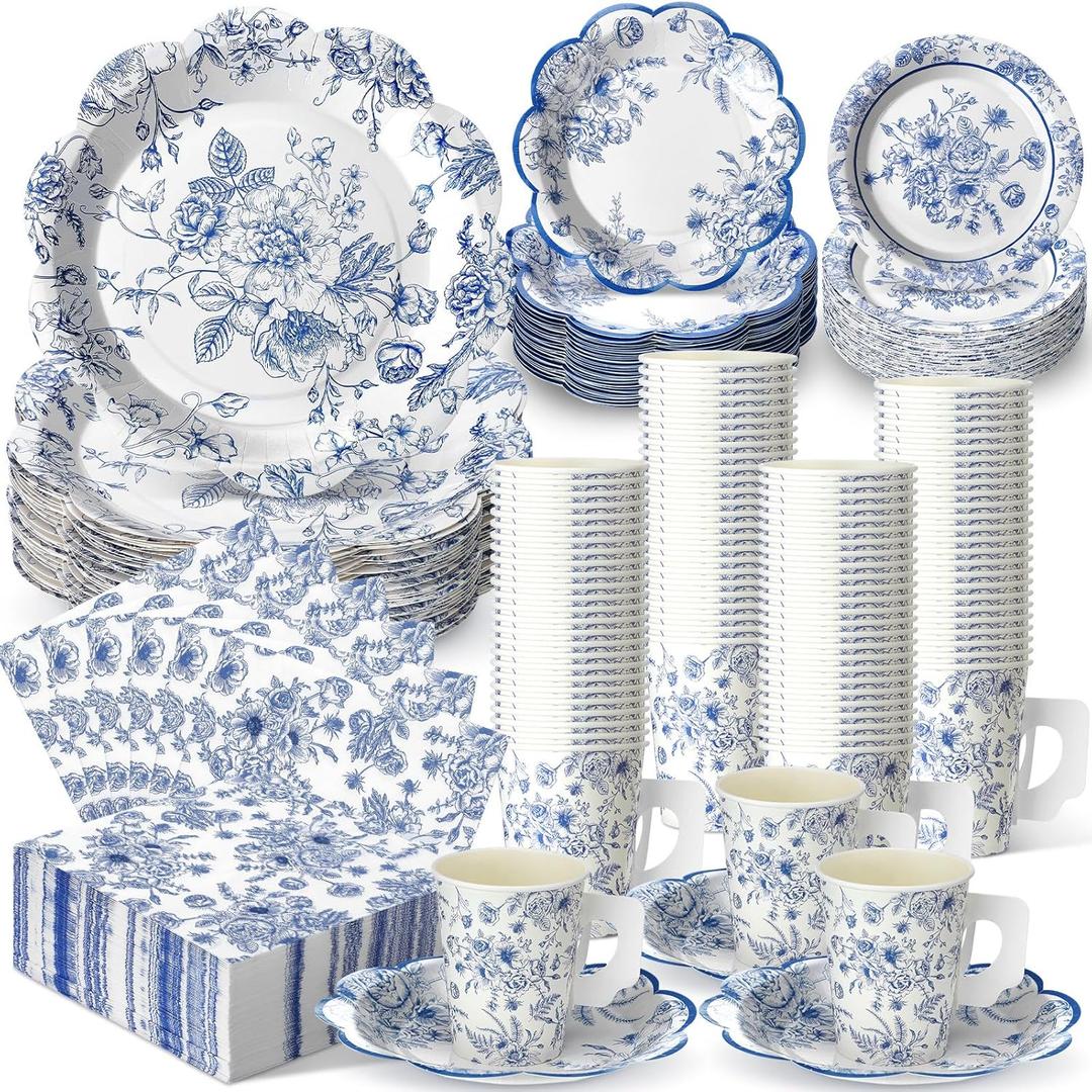 Pickmesh 252 Pcs Blue Floral Tea Party Supplies for 36 Guests Blue and White Porcelain Paper Disposable Dinnerware Floral Teacups with Handle and Saucers Set for Tea Party Decorations Birthday Wedding