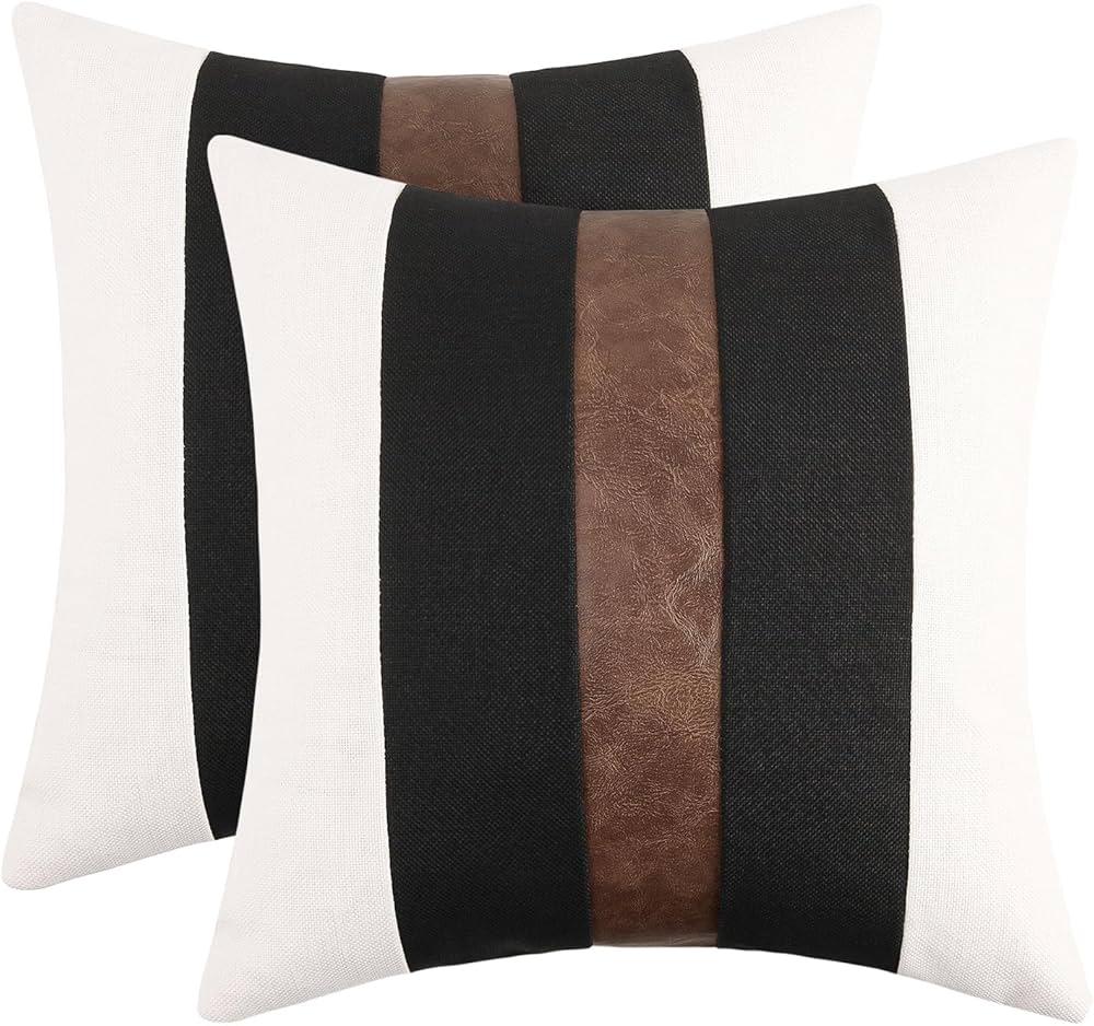 JASEN Set of 2 Faux Leather and Linen Throw Pillow Covers 18x18 Inch Black and White Modern Farmhouse Decorative Accent Cushion Covers for Couch Sofa (18x18)
