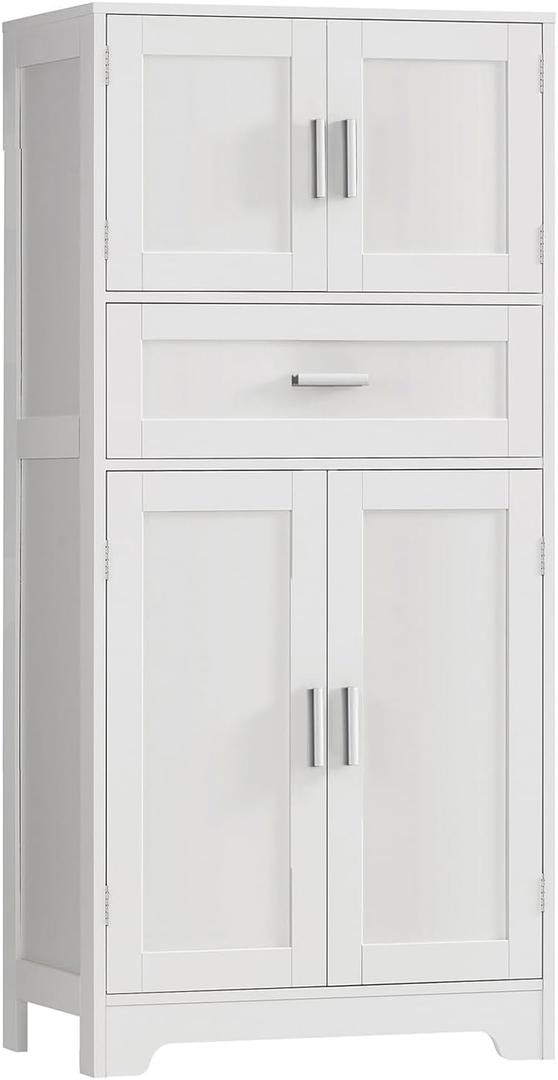 TEENFON Bathroom Storage Cabinet with Adjustable Shelf & Large Drawer, Tall Storage Cabinet with 4 Doors, Kitchen Pantry Storage Cabinets, for Living Room, Dining Room, Home Office, Entryway, White