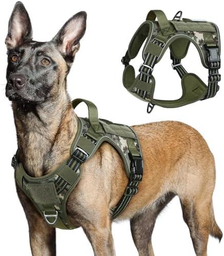rabbitgoo Tactical Dog Harness for Large Dogs, No Pull Military Service Vest with Handle & Molle, Easy Control for Training Walking, Adjustable Reflective Straps, Green camo, L