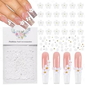4 x 800 Pcs White 3D Flowers for Nails, 3D Acrylic Flowers Blossom Beads for Nail, Small Floral Petal with Pearls Rhinestone Charms for Nails Design