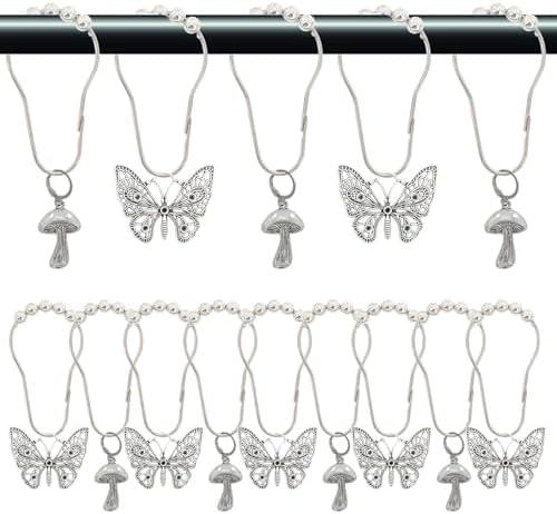 Butterfly Shower Curtain Ring Hook*12 and Mushroom Shower Curtain Hooks*12, Cottage Core Bathroom Decor, Rust-Proof Metal Material, Bohemian Style, Suitable for Bathroom Rod