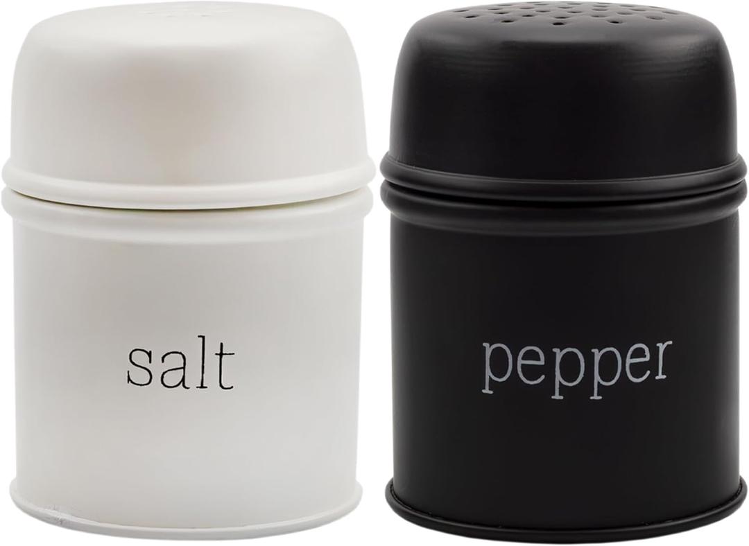 AuldHome Design Salt and Pepper Shaker Set (Matte Black/White); Contemporary Modern Farmhouse Retro Enamel Style Shaker Set