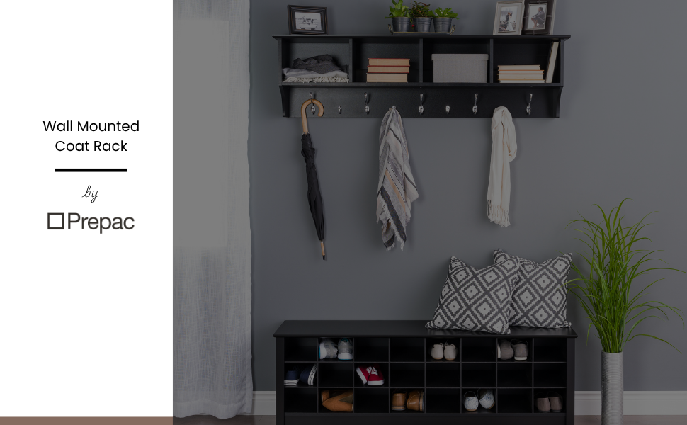 Prepac 60" Contemporary Wall Mounted Coat Rack, Coat Hooks Wall Mount with 4 Shelves, Ideal for Hallway or Entryway Storage Solution, 11.5"D x 60"W x 16.5"H, Black