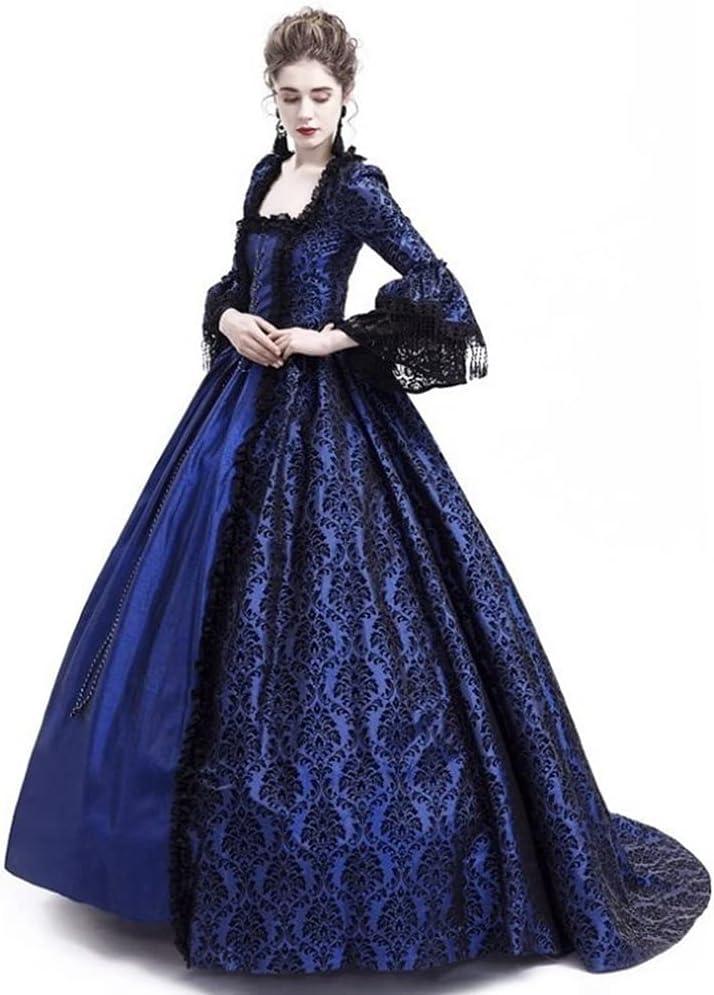 STIOEDYUAN Women's Medieval Queen Vitorian Dress Gothic Ball Gown Renaissance Royal Halloween Fancy Costume (Large, Blue)