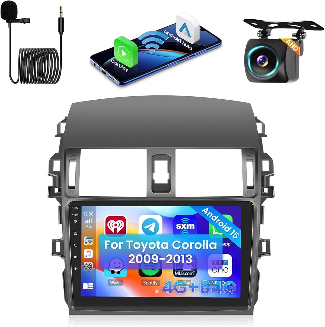 Hikity 4+64G Car Radio Stereo for Toyota Corolla 2009-2013 Radio with 9 Inch Touch Screen, Carplay/Android Auto GPS Navigation/Mirror Link/Hi-Fi/Bluetooth+AHD Backup Camera