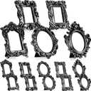 Maitys 15 Pcs Mini Picture Vintage Frames with Stands Tiny Antique Photo Baroque Ornate Resin Oval Frame Table Top Display Home Wedding Decor (Black Silver)
