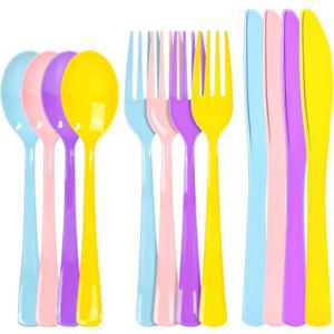 300 Pack Pastel Pink Blue Purple Yellow Disposable Plastic Silverware Heavy Duty, Plastic Cutlery Set, Forks and Spoons Knives Set for Easter Birthday Party Prom Night, Weddings, (Macaron Colors)