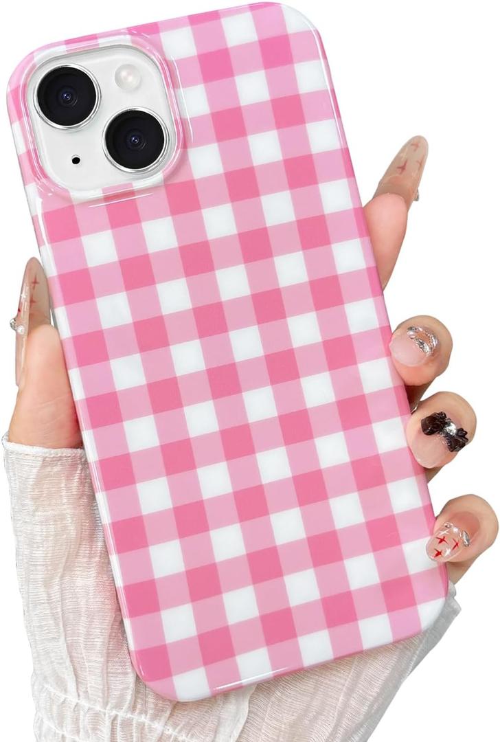 for iPhone 14 Case, Cute Gingham Pattern Aesthetic Phone Case, Stylish Shockproof Soft TPU Phone Cover for Women Girls, Pink