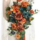 Ling's Moment Teal Bridal Bouquet Cascading, Burnt Orange Wedding Bouquets for Bride, 13 Inch Terracotta Rust Fall Artificial Wedding Flower Bouquet