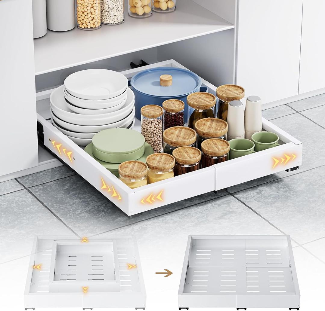 Pull Out Cabinet Organizer, Expandable Width (11.4"-18.9") Depth (16.3"-21.7") Pull out Drawers for Cabinets with 3 Rails, No Drill Adhesive Film or Nail Fixed Slide out Drawers for Kitchen, Pantry (White)