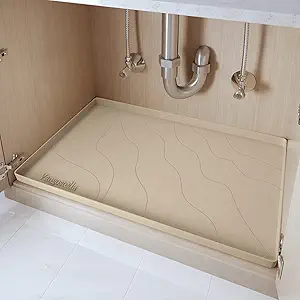 Vangostella Heavy Duty Silicone Under Sink Mats for Kitchen Waterproof 31" x 22", Extra Thick Under Sink Rubber Mat Drip Tray, Raised Edge Under Sink Liner,Prevent Drips, Leaks, Spills,Taupe