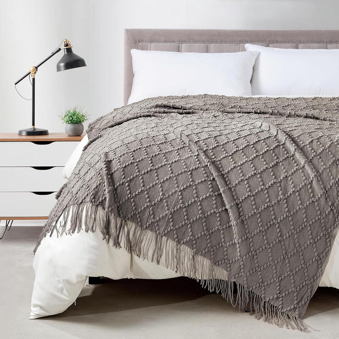 BOURINA Dark Grey Throw Blanket 50 x70 Inches Jacquard Argyle Throw Textured Solid Soft Throws and Blankets for Sofa or Bed Knitted Decorative Blanket