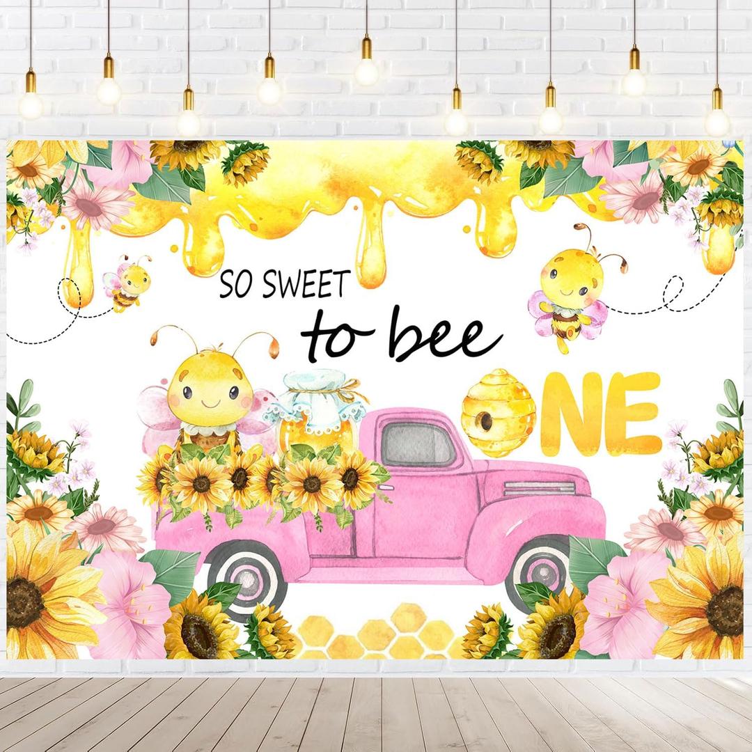 Withu Honeybee First Birthday Backdrop So Sweet to Bee One A Little Girl Princess Pink Photography Background Baby Shower Party Banner Cake Table Photo Booth Props 7x5ft